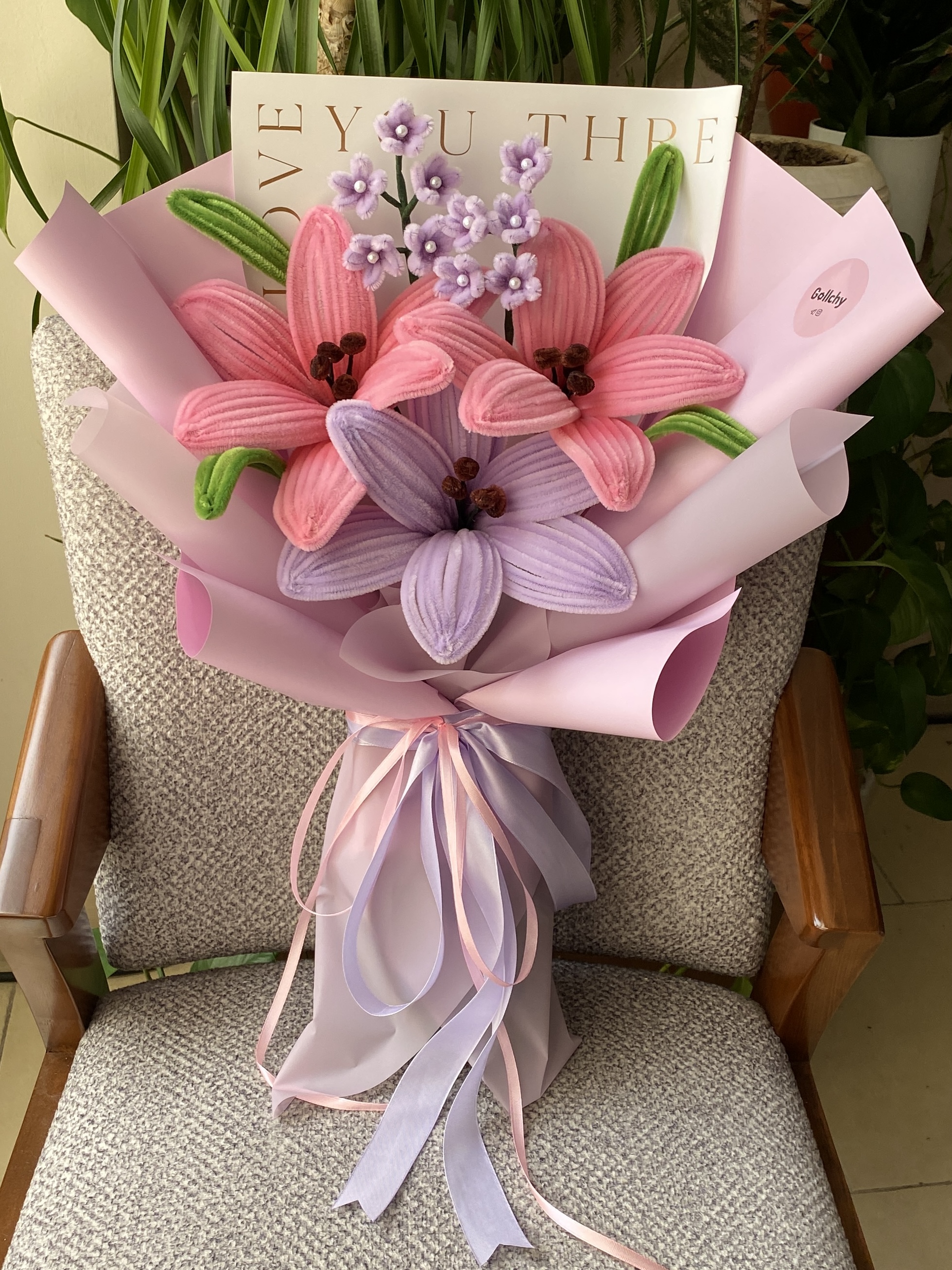 بوکت سه شاخه لیلیوم سایز بزرگ صورتی بنفش💜